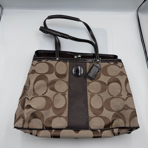 100% Authentic Coach Brown CC Logo Stripe Shoulder Bag - Picture 1 of 6